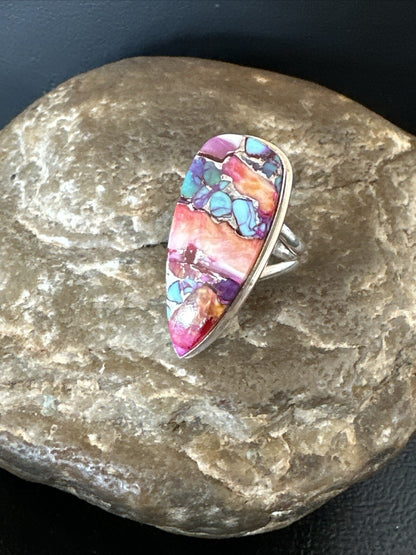 Blue Turquoise Orange Spiny Oyster Navajo Sterling Silver Ring Size 5.5 18210