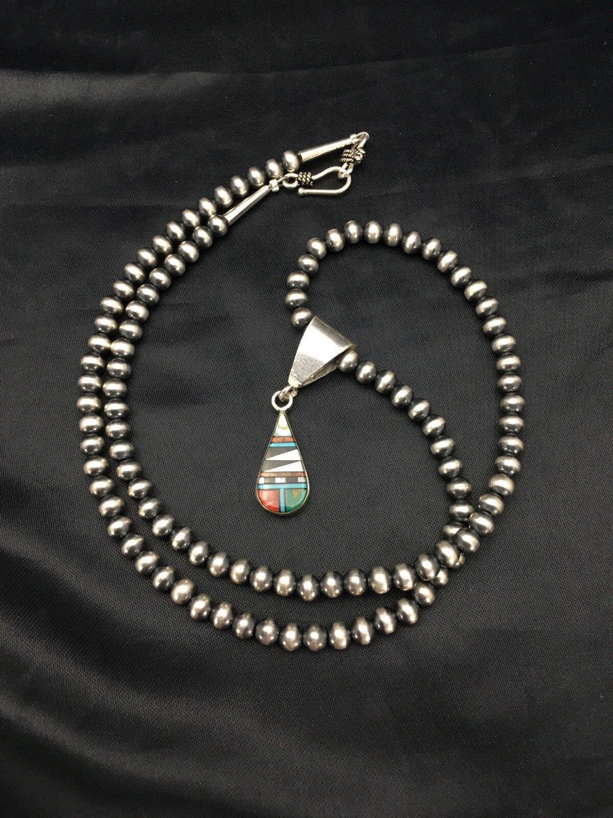 Turquoise MultiStone Inlay Pendant Sterling Silver Bead Necklace 1.75" 02705