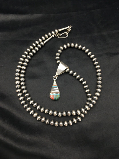 Turquoise MultiStone Inlay Pendant Sterling Silver Bead Necklace 1.75" 02705