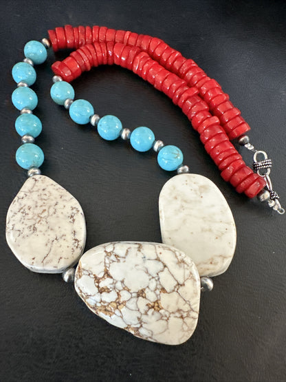 Mens Wild Horse Blue Turquoise Red Coral Navajo Sterling Silver Necklace 17982