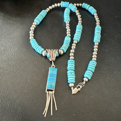 Blue Turquoise Inlay Pendant Navajo Sterling Silver Necklace 19514