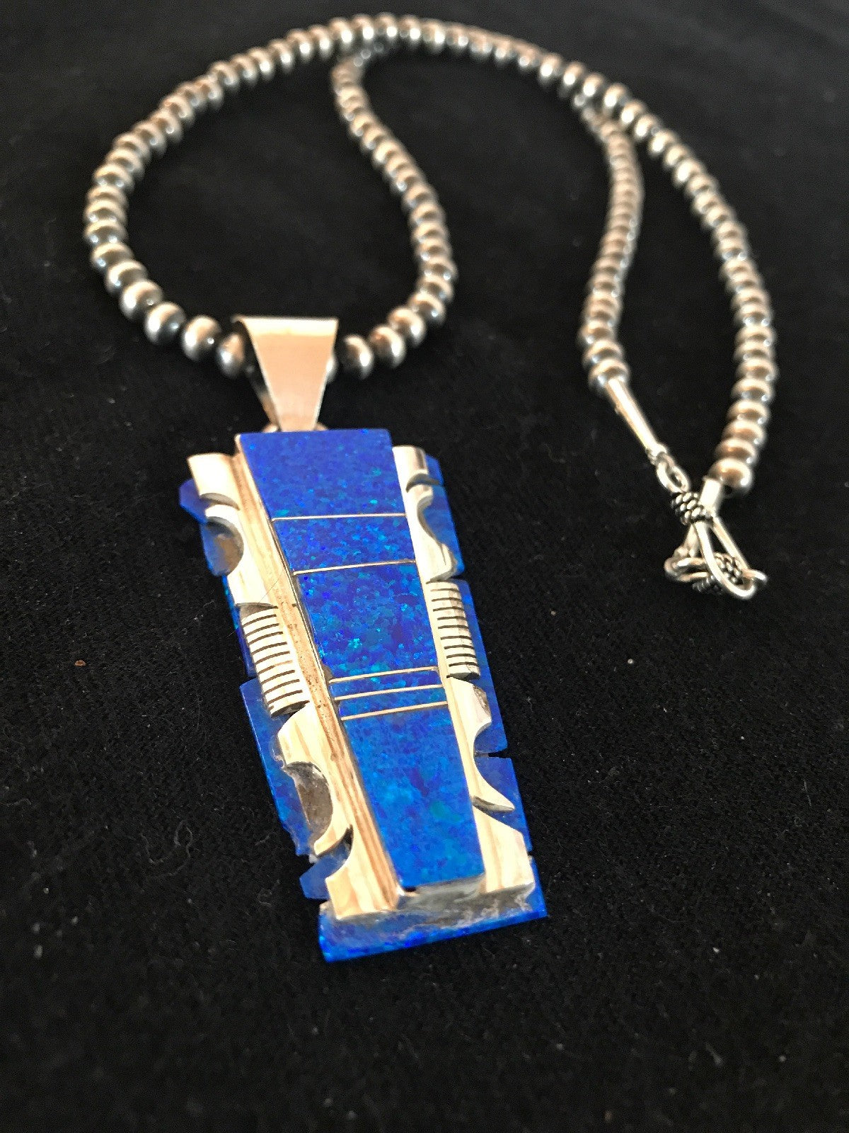 Blue Opal Pendant Navajo Pearls Beads Sterling Silver Necklace 08281