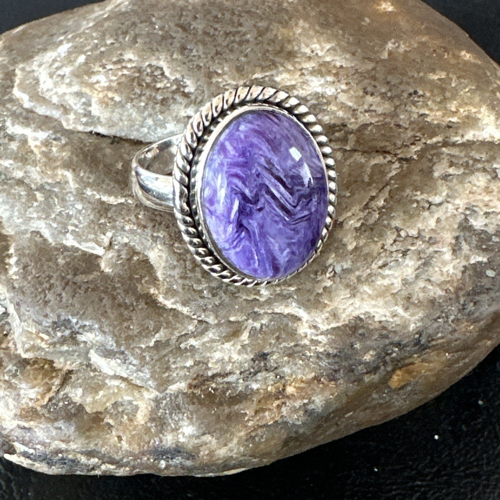 Womens Purple Charoite Navajo Sterling Silver Oval Ring Adjustable Size 9 17246