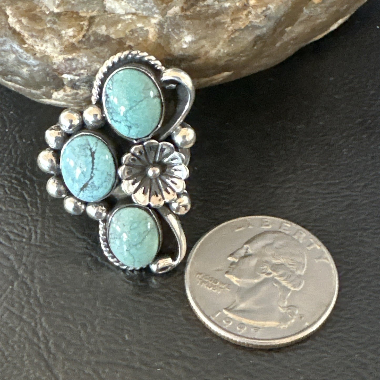 Yazzie Ring Green Turquoise Navajo Sterling Silver Cluster Size 8.5 19235