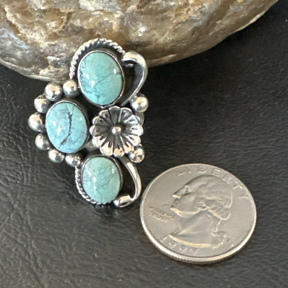 Yazzie Ring Green Turquoise Navajo Sterling Silver Cluster Size 8.5 19235
