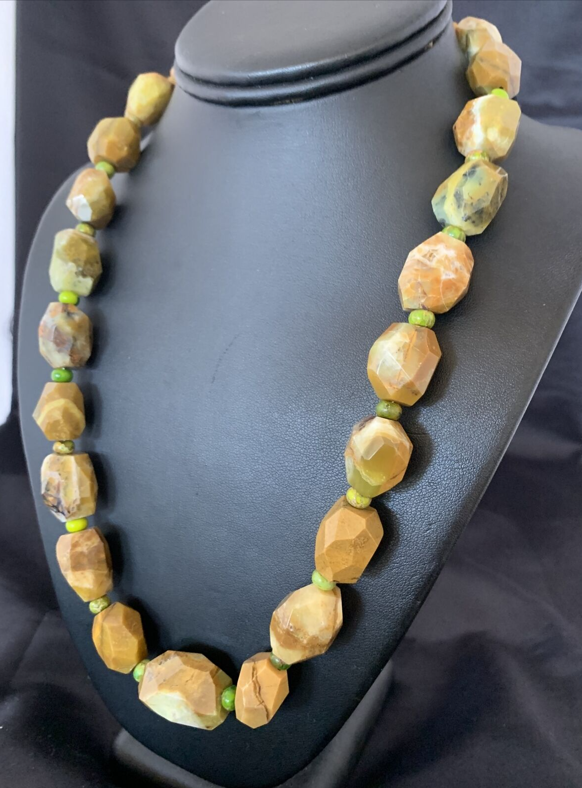 Green Nugget Turquoise Faceted Navajo Sterling Silver Necklace 21" 01494
