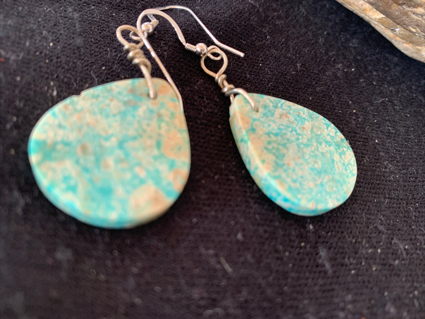 Navajo Sterling Silver Slab Turquoise Dangle Earrings 01357