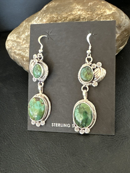 Native Navajo Green Turquoise Sterling Silver Dangle Earrings 2” 17696