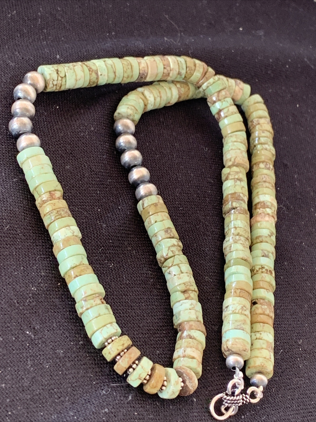 Green Turquoise Stabilized Heishi 8mm  Sterling Silver Beads Necklace 20"