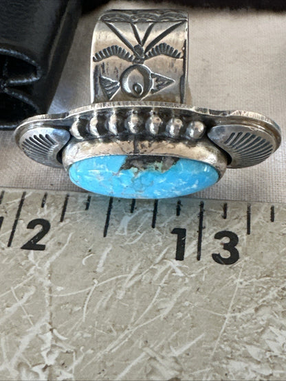 WoMens Blue Kingman Turquoise Navajo Sterling Silver Adjustable Ring Sz 8 19421