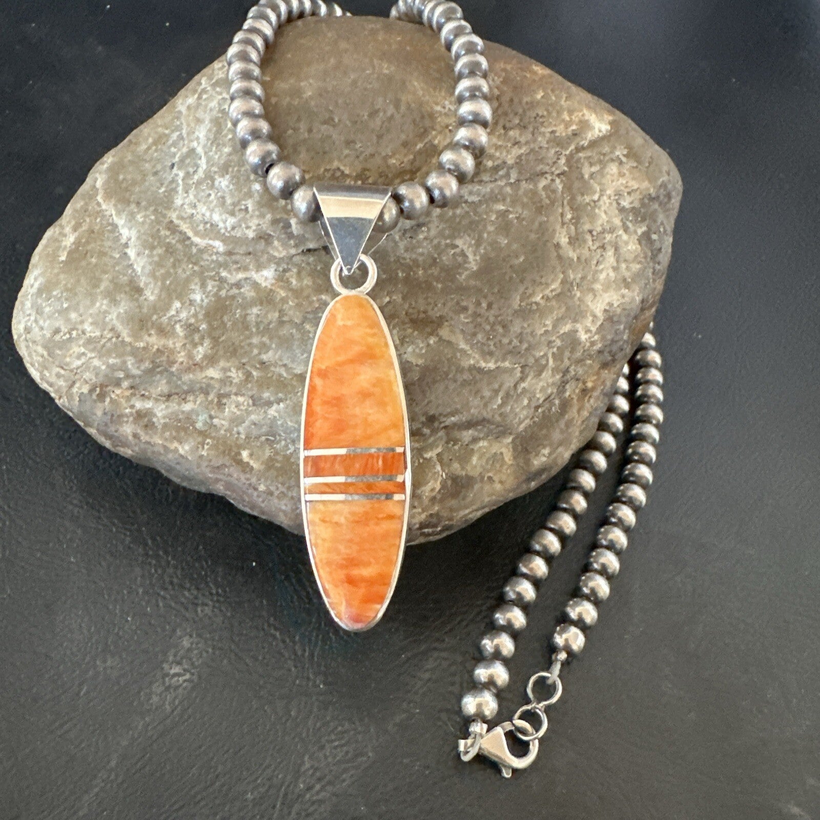 Native Navajo Sterling Silver Orange Spiny Oyster Necklace Inlay Pendant 17811