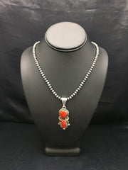 Red Coral Cluster Pendant Navajo Necklace | Sterling Silver | Authentic Native American Handmade | 18930
