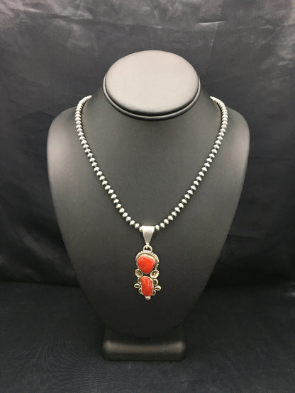 Red Coral Cluster Pendant Navajo Sterling Silver Necklace Native American 18930
