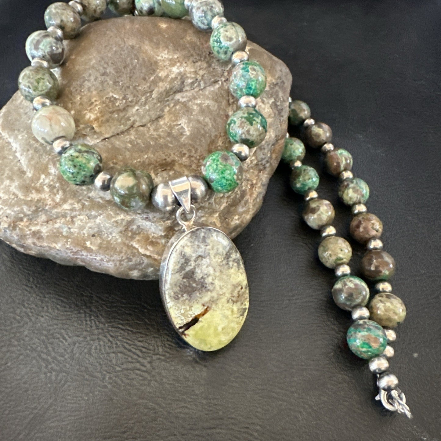 Green Gaspeite Pendant 10mm Turquoise Navajo Sterling Silver Necklace 20" 19679