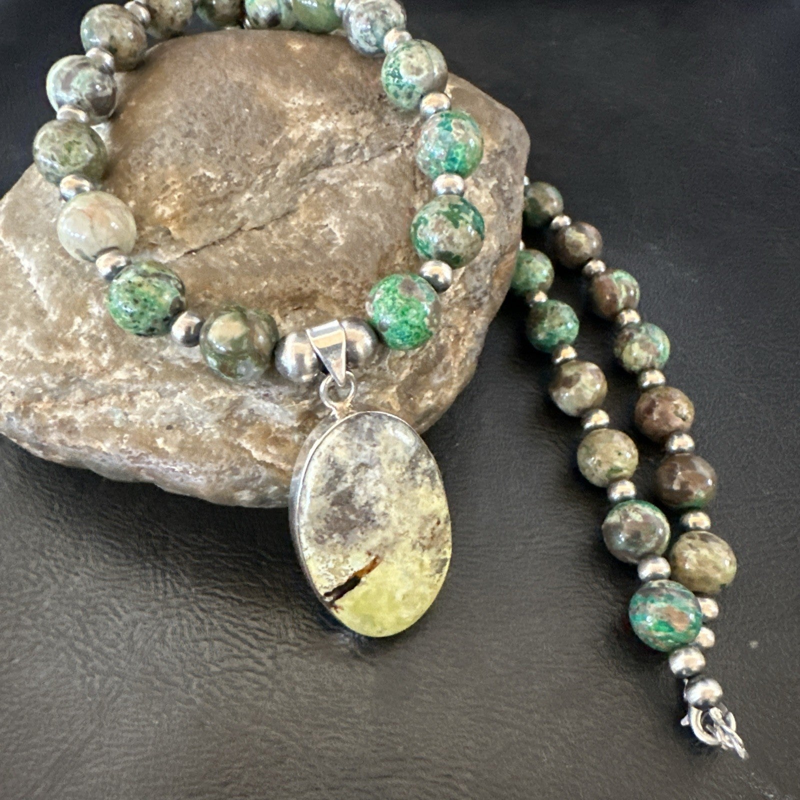 Green Gaspeite Pendant 10mm Turquoise Navajo Sterling Silver Necklace 20" 19679