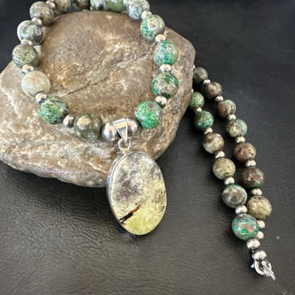 Green Gaspeite Pendant 10mm Turquoise Navajo Sterling Silver Necklace 20" 19679