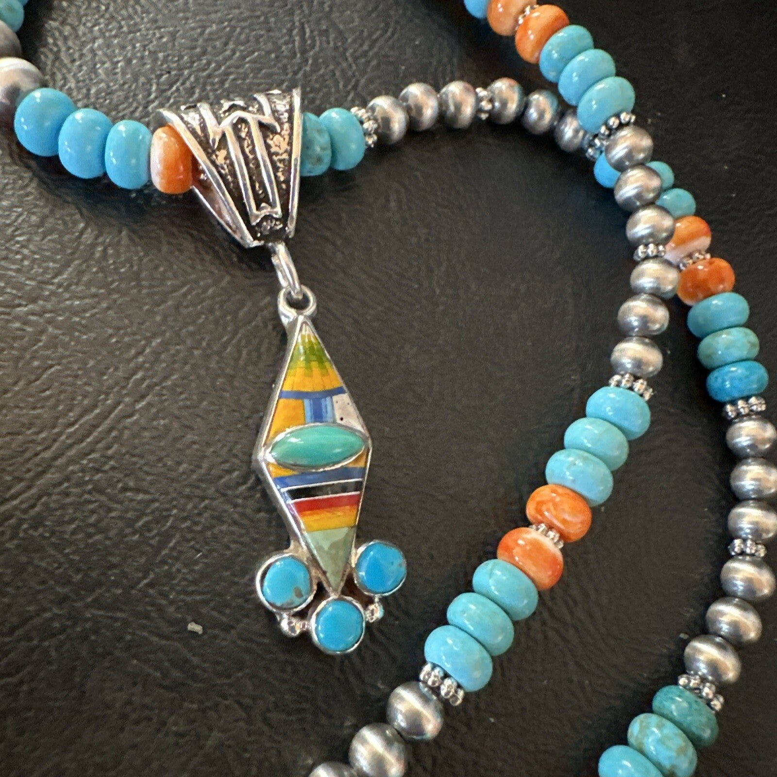Multicolor Turquoise Pendant Navajo Sterling Silver Beads Necklace 18730