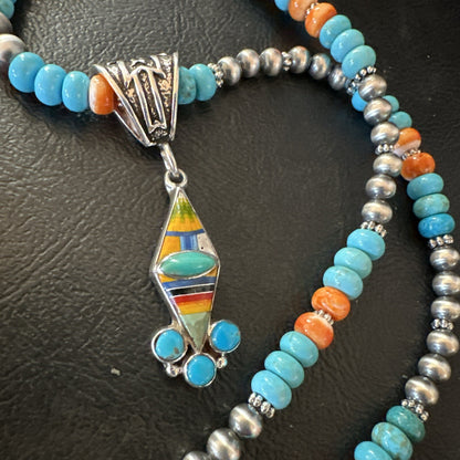 Multicolor Turquoise Pendant Navajo Sterling Silver Beads Necklace 18730