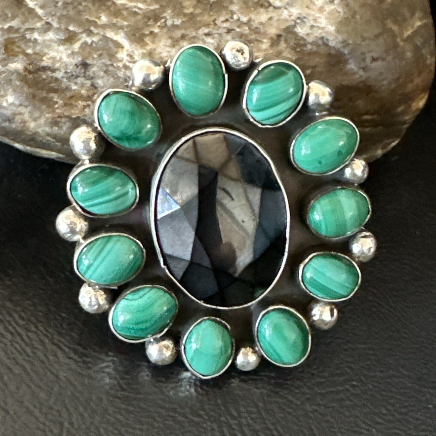 Green Malachite Quartz Navajo Sterling Silver Cluster Ring Size 10.5 18399