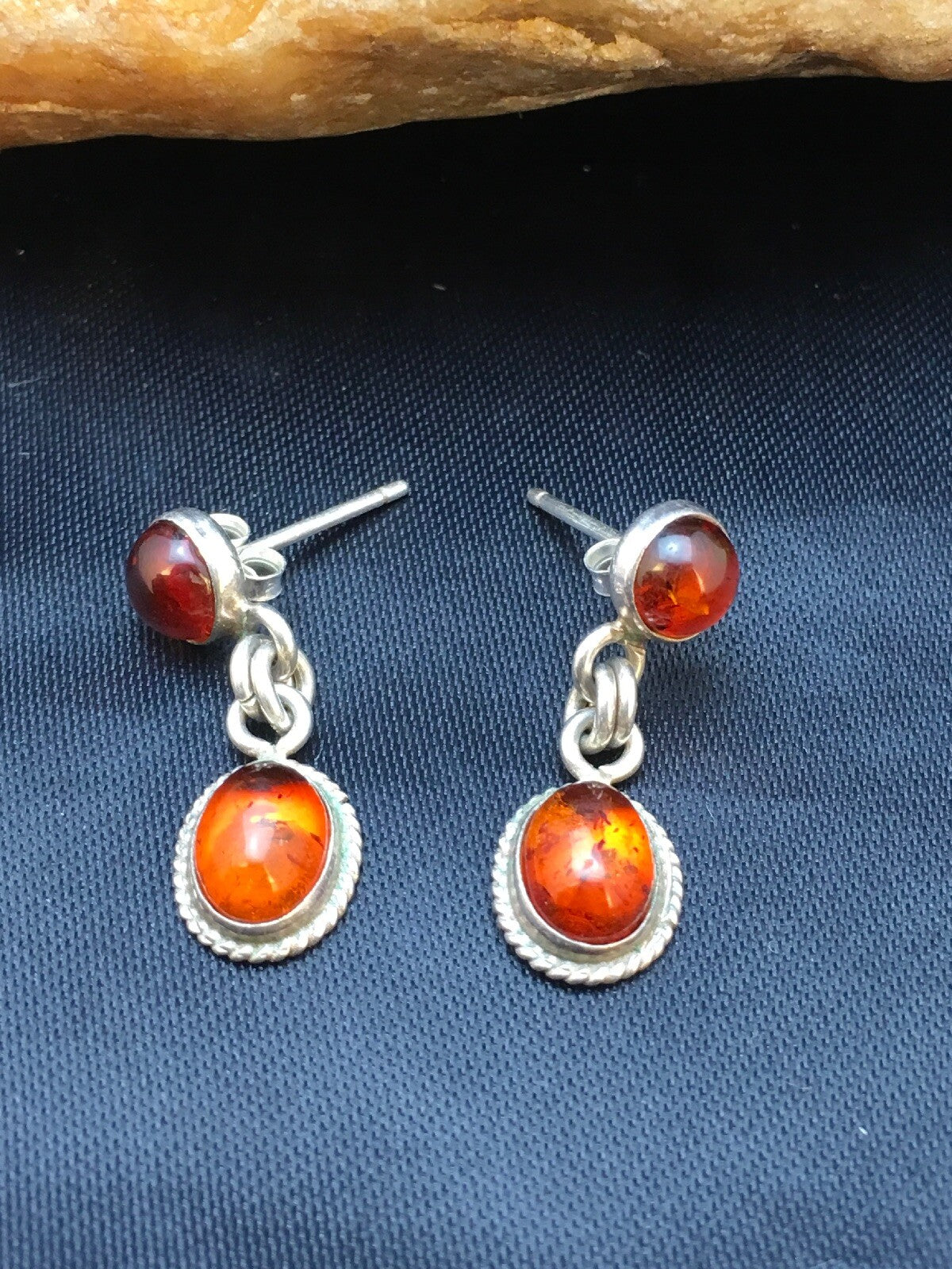 Native American Navajo Sterling Silver Gold Amber Dangle Earrings 13104