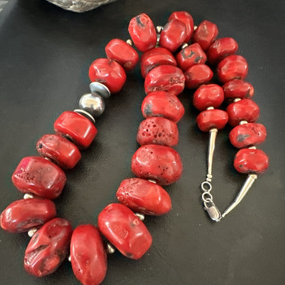 Chunky Navajo Red Bamboo Coral Sterling Silver Bead Necklace 24” Graduated 19532