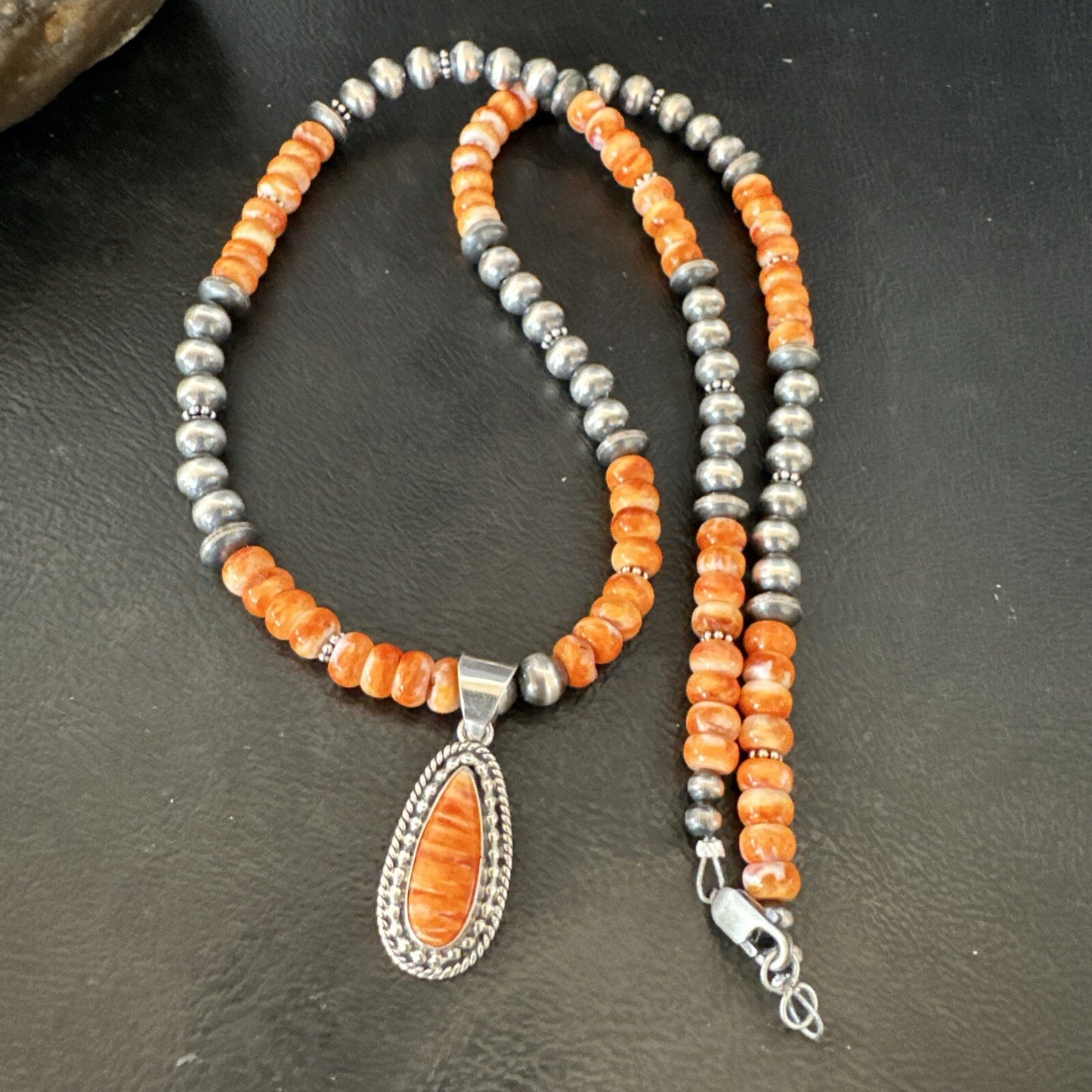 Orange Spiny Oyster Navajo Pearls Sterling Silver Necklace Pendant 18678