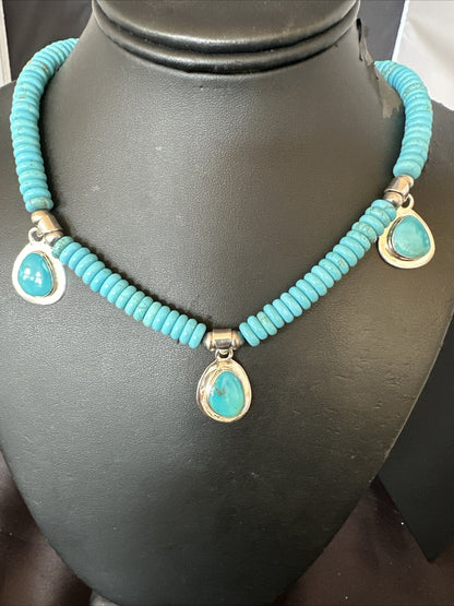 WoMens Blue Kingman Turquoise Pendants Navajo Sterling Silver Necklace 19” 18166