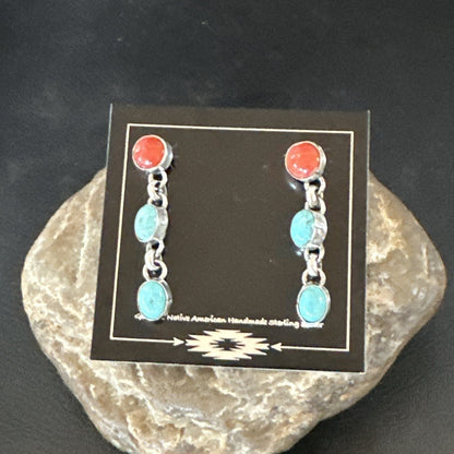 Blue Turquoise Red Spiny MultiColor Navajo Sterling Silver Inlay Earrings 18355