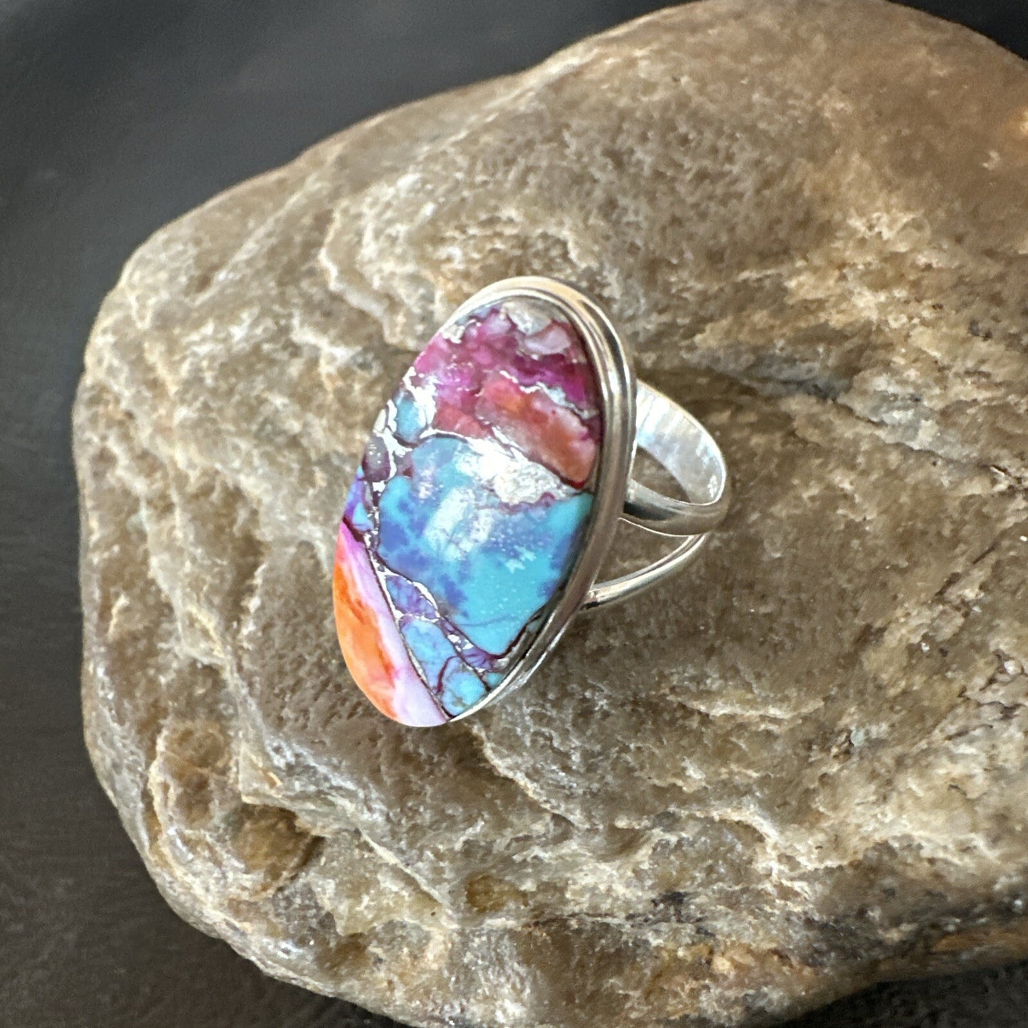 Blue Turquoise Spiny Oyster Southwestern Sterling Silver Ring Size 7 18496