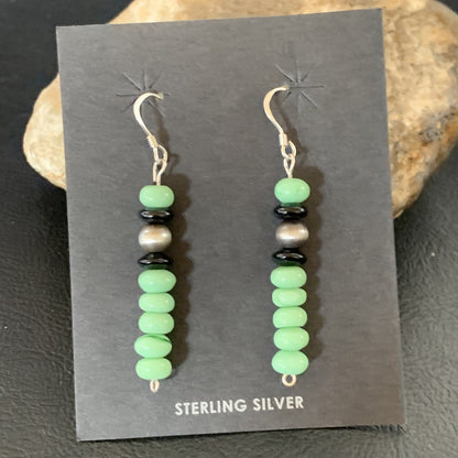 Green Malachite & Black Onyx Navajo Sterling Silver Beads Earrings 04486