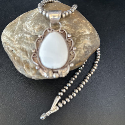 Men White Buffalo Turquoise Pendant Sterling Silver Beads Necklace 14229