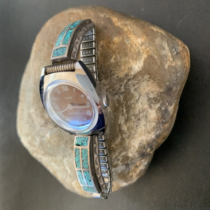 Blue Turquoise Chip Inlay Navajo Sterling Silver Old Pawn Watch Tips 1639
