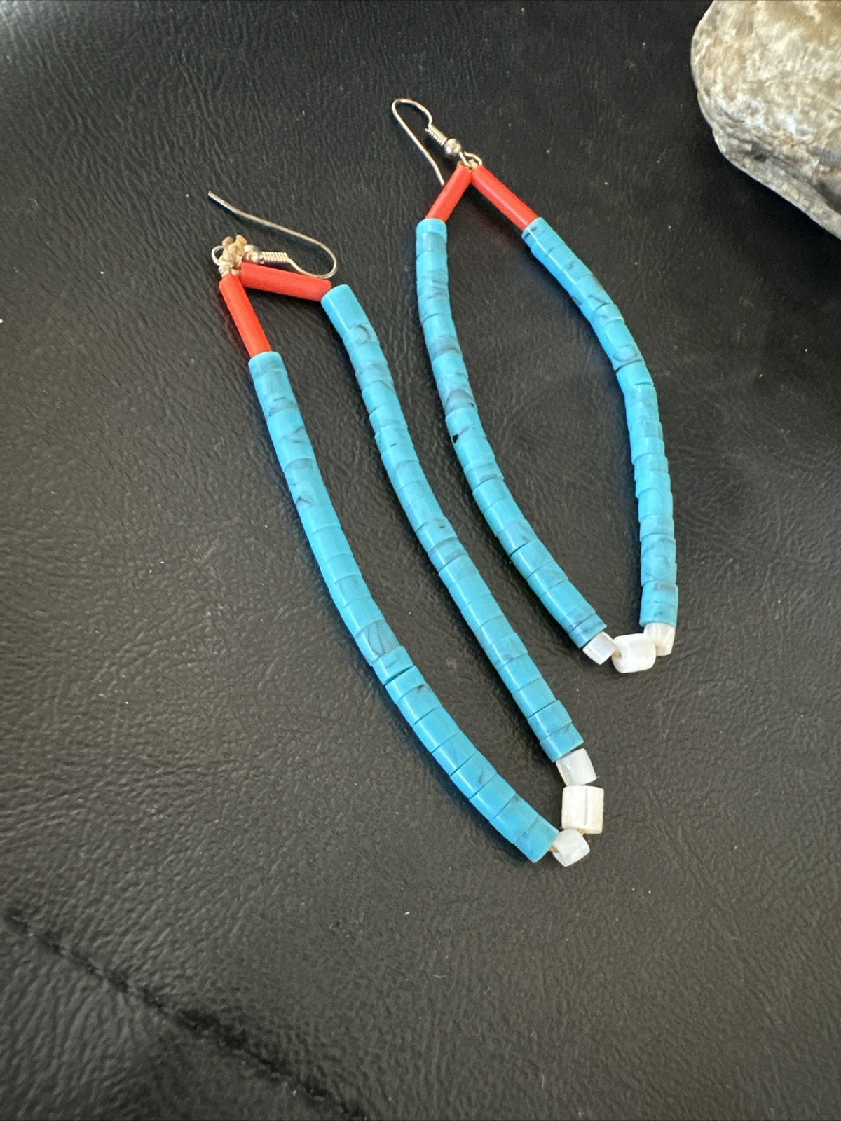 Blue Turquoise Coral Santo Domingo Sterling Silver Long Dangle Earrings 3" 17848