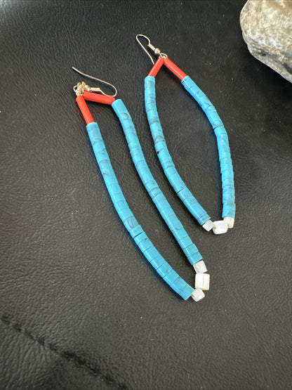 Blue Turquoise Coral Santo Domingo Sterling Silver Long Dangle Earrings 3" 17848