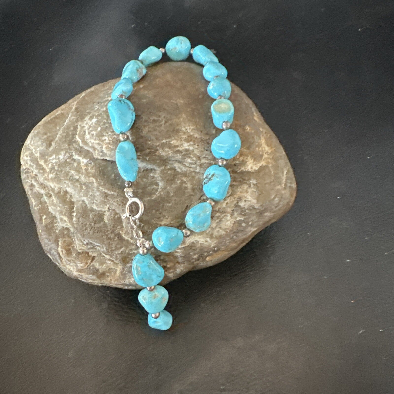 Blue Sleeping Beauty Nugget Turquoise Sterling Silver Navajo Bracelet 7.5” 18608