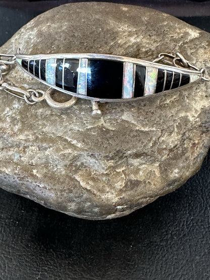 Inlay Bracelet Black Onyx Navajo Old Pawn Sterling Silver Link Bracelet 7" 19793