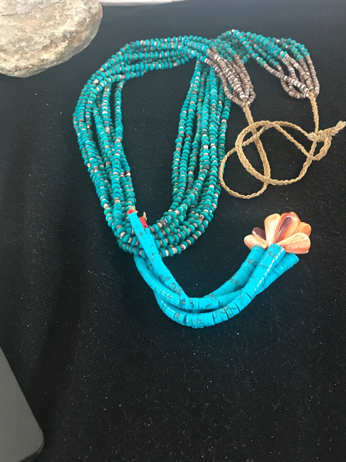 Mens Turquoise Bead 9 Strands Navajo Pearls Sterling Silver Necklace 08451
