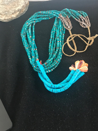 Mens Turquoise Bead 9 Strands Navajo Pearls Sterling Silver Necklace 08451