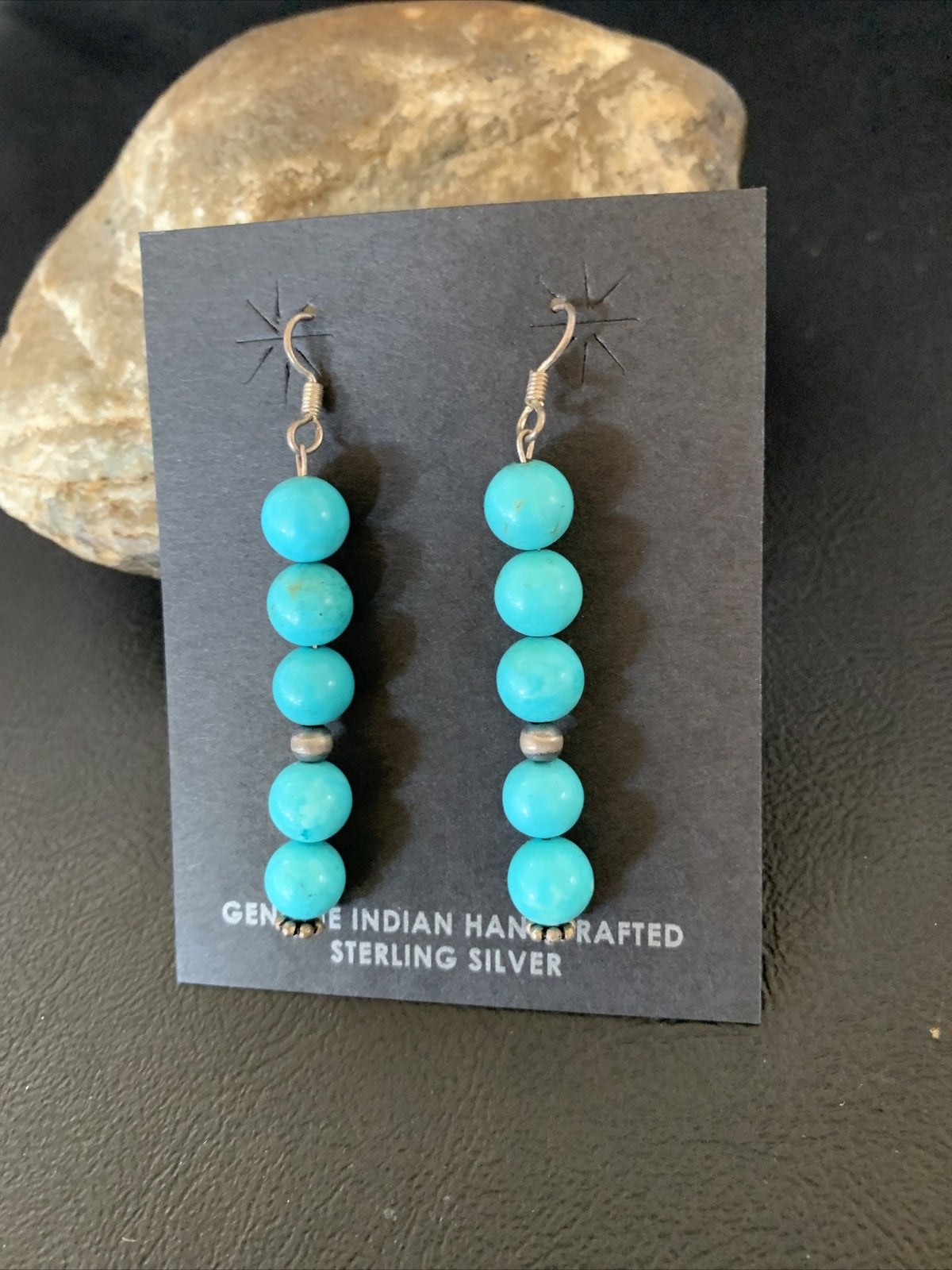 Blue Turquoise Earrings Native American Sterling Silver Bead 2" 13046