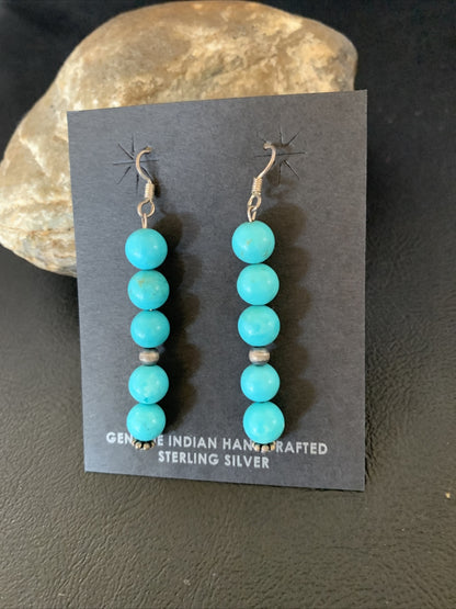 Blue Turquoise Earrings Native American Sterling Silver Bead 2" 13046
