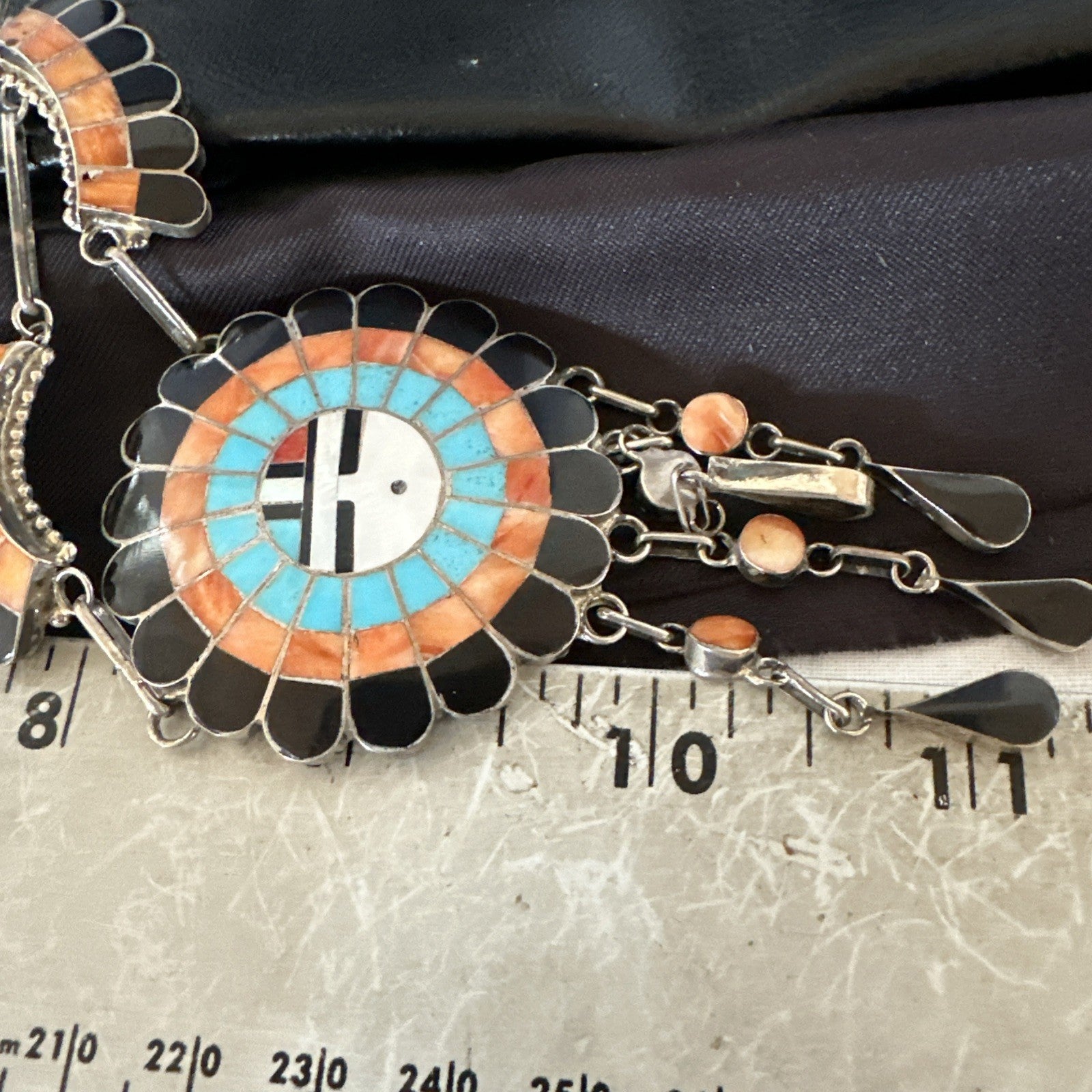 Sunface Spiny Onyx Turquoise Zuni Sterling Silver Necklace 19" Earrings 19114