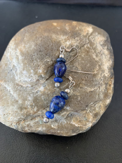 Blue Lapis Lazuli Bead Navajo Sterling Silver Dangle Earrings 1712