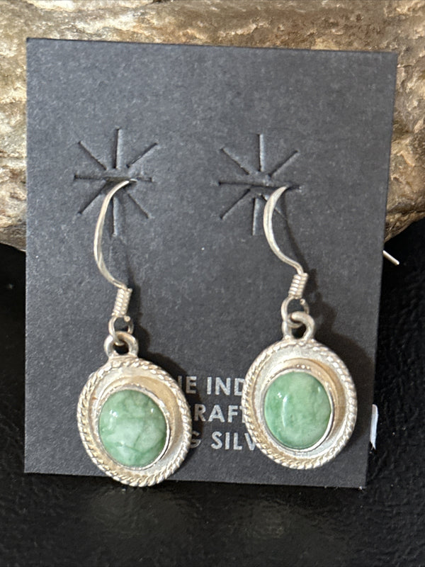 Navajo Green Turquoise Dangle Earrings | Sterling Silver | Authentic Native American Handmade | 14780