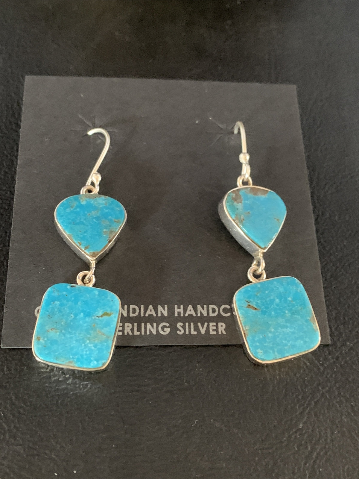 Blue Kingman Turquoise Navajo Sterling Silver Dangle Earrings 14074