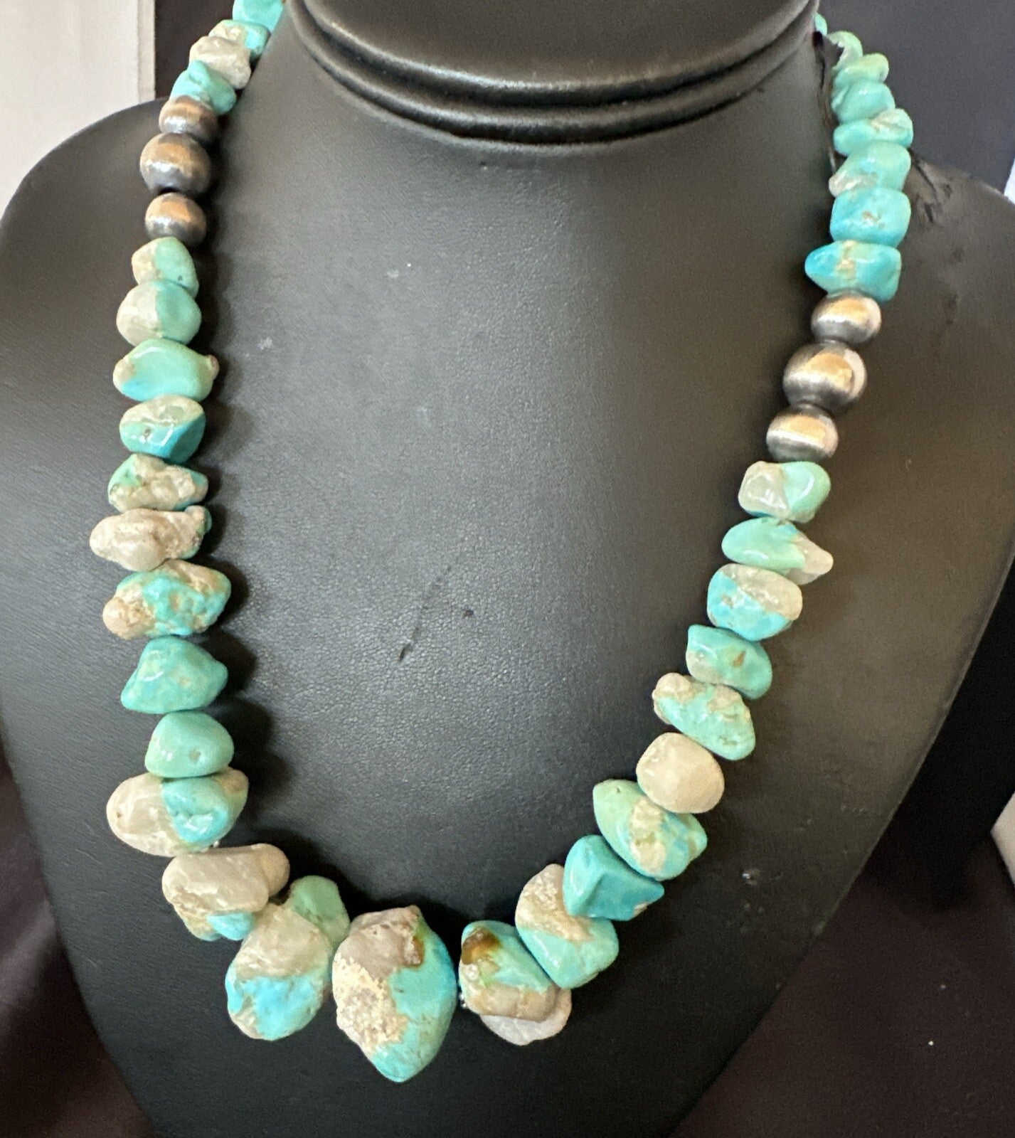 Blue Armenian Turquoise Chunky Nugget Navajo Sterling Silver Necklace 19” 18317