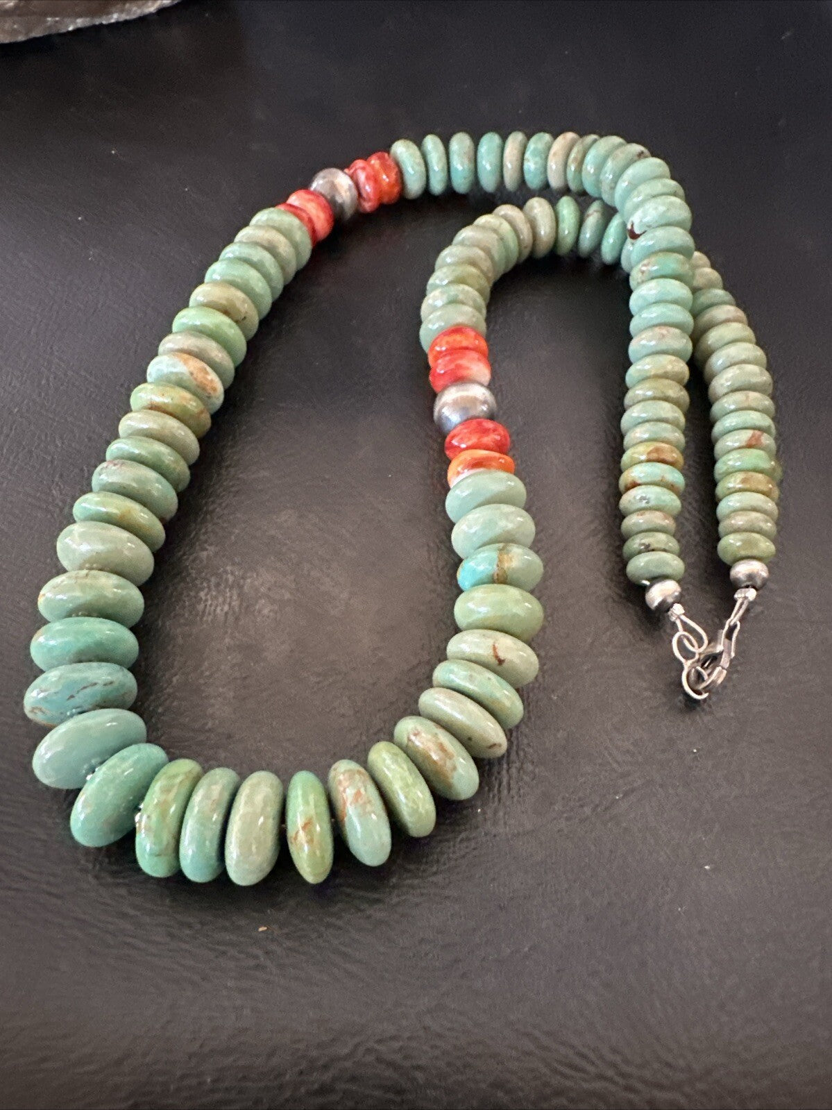 Green Turquoise Spiny Oyster Sterling Silver Beads Necklace 18302