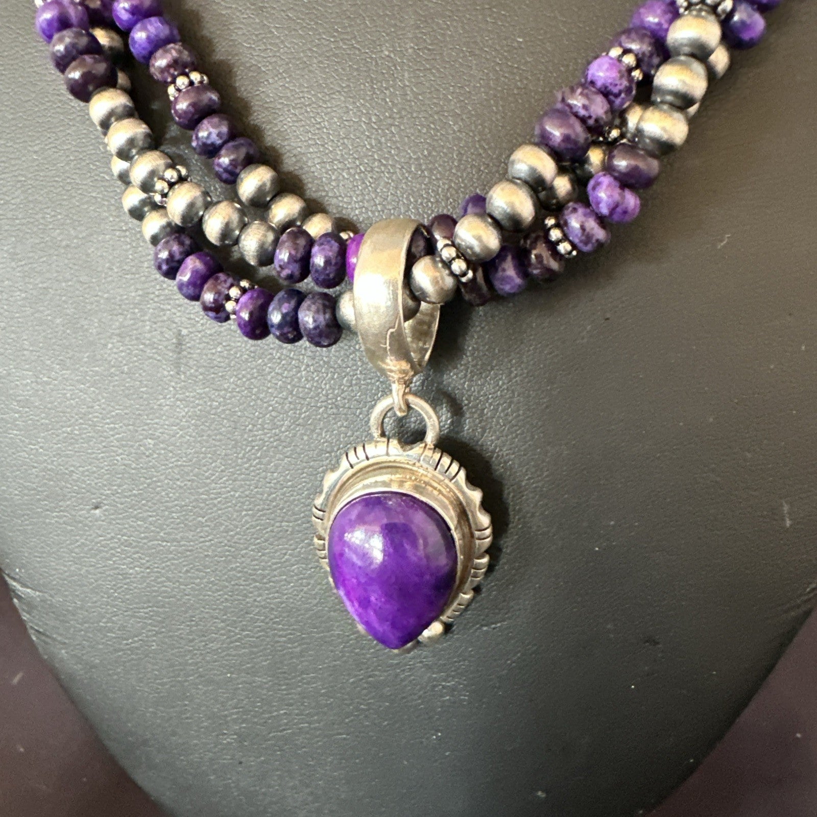 Navajo Sterling Silver 3 Strand Purple Stone Necklace Pendant 22” 19028