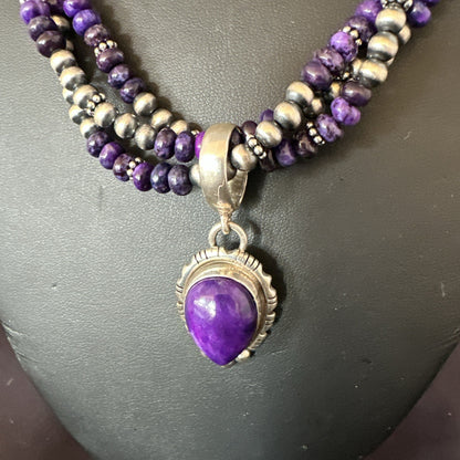 Navajo Sterling Silver 3 Strand Purple Stone Necklace Pendant 22” 19028