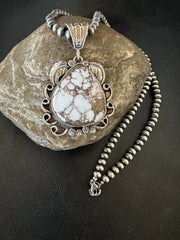 Navajo Pearls Wild Crazy Horse Turquoise Necklace Pendant | Sterling Silver | Authentic Native American Handmade | 19390