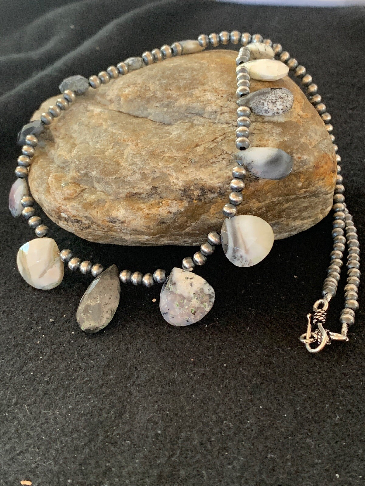 Black Rutile Opal Pear Shaped Navajo Pearls Sterling Silver Necklace 4088